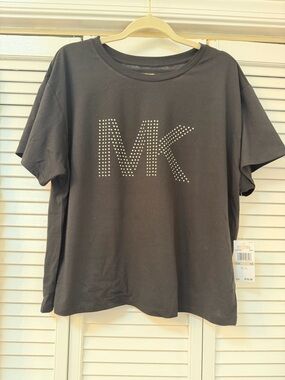 Michael Kors Black Tee with Gold & Silver Studded MK Logo NWT 1X
